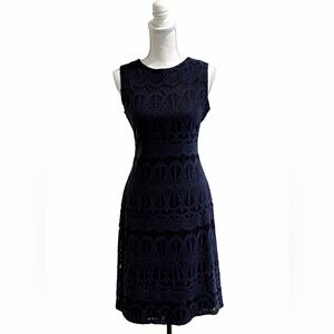 Sharagano Navy Lace Dress Sz 10 Sheath Overlay Classic Elegant Cocktail